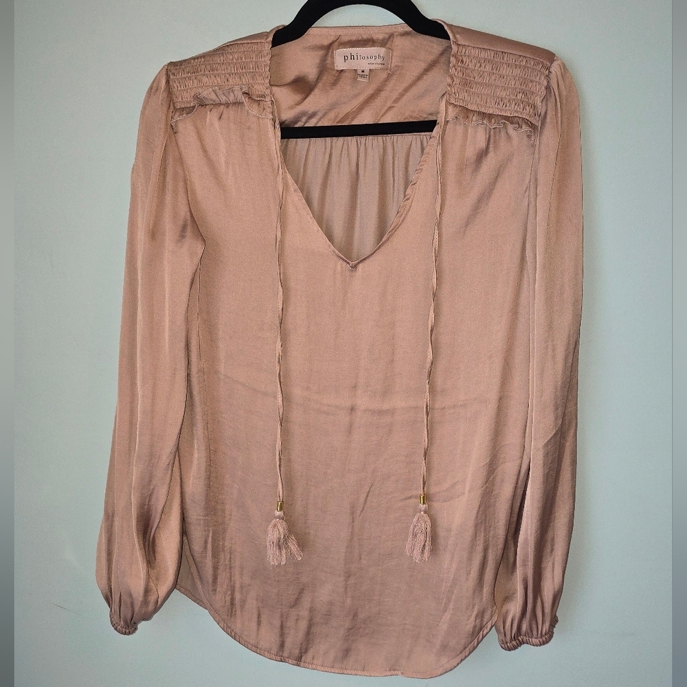 Philosophy Peasant Blouse in Gold Satin V Neck With Tie